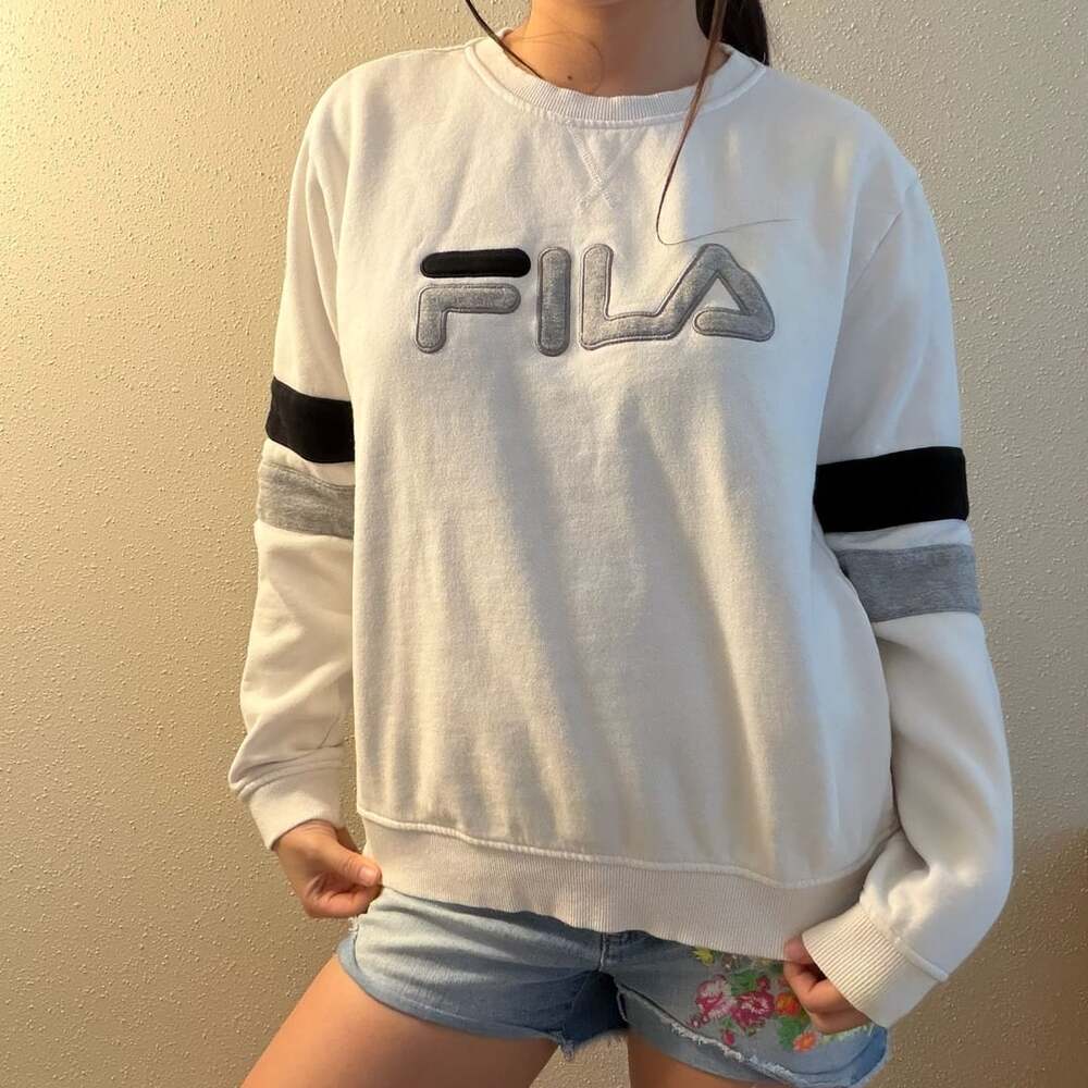 Fila Women's White Striped Crewneck Sweatshirt with Logo Embroidery Size M